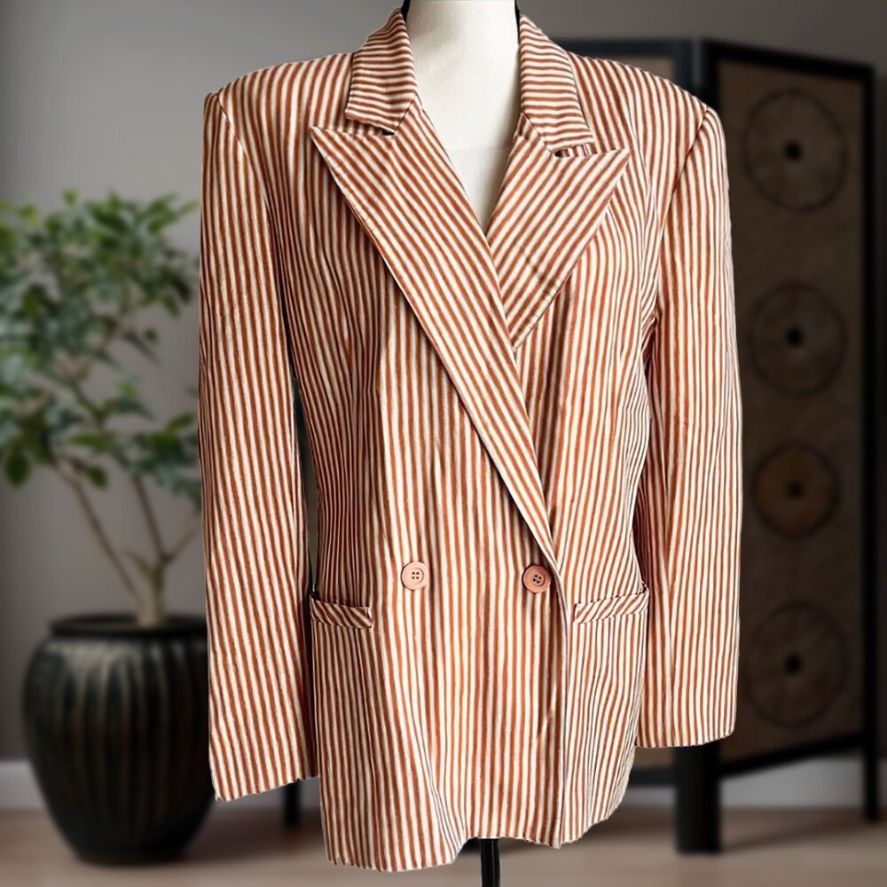 Vintage CARLO MODA Size 10 Oversize Blazer Jacket Orange White Stripe Lined